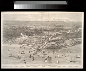 Fågelperspektiv över Chicago som det var före den stora branden 1871